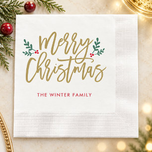 Frohe Weihnachten Antik-Gold-Schrift Familienname Serviette
