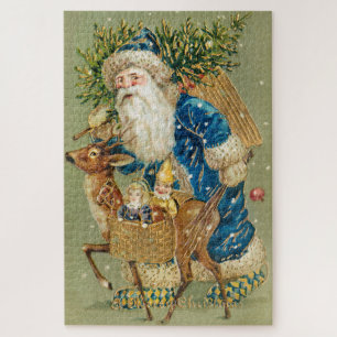 Frohe Weihnachten, Antike Karte, Santa und Rentier Puzzle