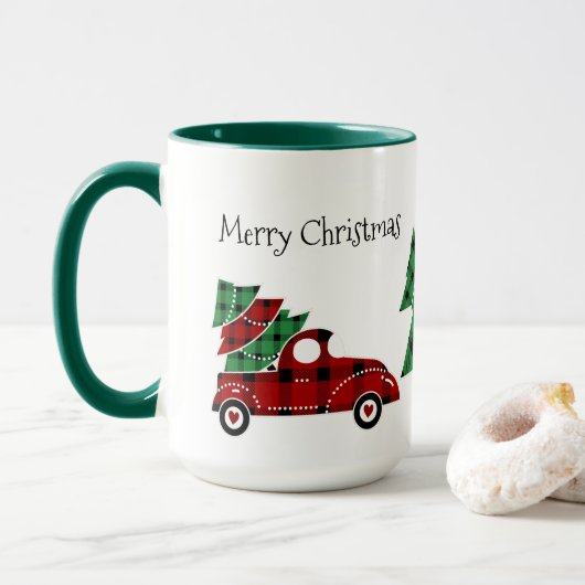 Frohe Weihnachten Antike Truck Tasse Grün (Mit Donut)