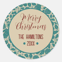 Frohe Weihnachten Aquamarin floral Custom Familien Runder Aufkleber