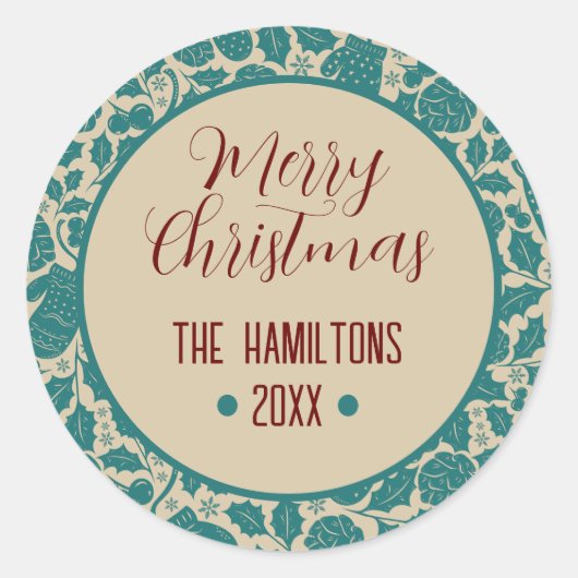 Frohe Weihnachten Aquamarin floral Custom Familien Runder Aufkleber (Vorderseite)