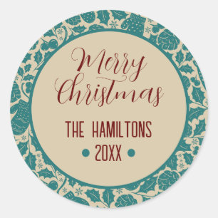 Frohe Weihnachten Aquamarin floral Custom Familien Runder Aufkleber