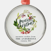 Frohe Weihnachten Aquarell Rote Beerenblätterung Ornament Aus Metall (Vorne)