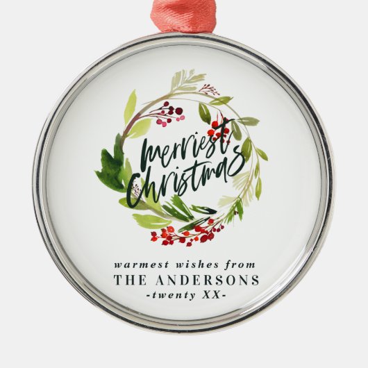 Frohe Weihnachten Aquarell Rote Beerenblätterung Ornament Aus Metall (Vorne)