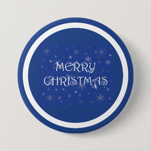 Frohe Weihnachten auf Blau mit Schneeflocken Button (Vorderseite)