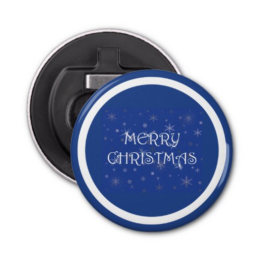 Frohe Weihnachten auf Blau mit Schneeflocken Flaschenöffner (Vorderseite)