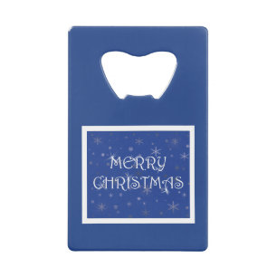 Frohe Weihnachten auf Blau mit Schneeflocken Geldbeutel Flaschenöffner