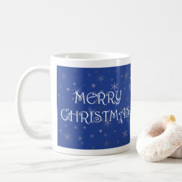 Frohe Weihnachten auf Blau mit Schneeflocken Kaffeetasse
