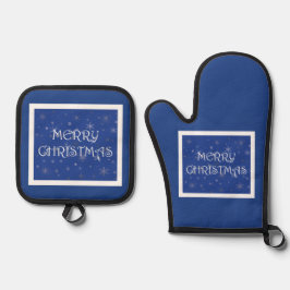 Frohe Weihnachten auf Blau mit Schneeflocken Ofenhandschuh & Topflappen-Set