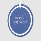 Frohe Weihnachten auf Blau mit Schneeflocken Ornament (Vorderseite)