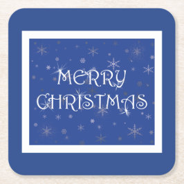 Frohe Weihnachten auf Blau mit Schneeflocken Rechteckiger Pappuntersetzer