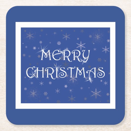 Frohe Weihnachten auf Blau mit Schneeflocken Rechteckiger Pappuntersetzer (Vorderseite)