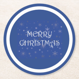 Frohe Weihnachten auf Blau mit Schneeflocken Runder Pappuntersetzer