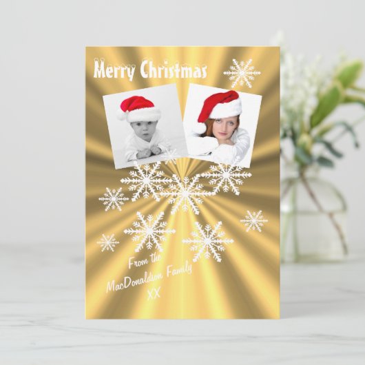 Frohe Weihnachten auf Gold mit Schneeflocken (Stehend Vorderseite)