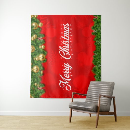 Frohe Weihnachten auf Rot mit Foliage & Dekoration Wandteppich (Beispiel)