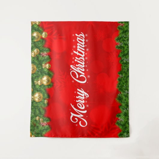 Frohe Weihnachten auf Rot mit Foliage & Dekoration Wandteppich (Vorderseite)