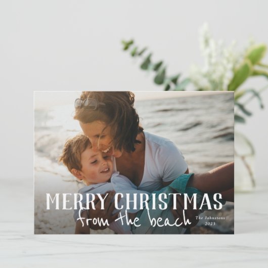 Frohe Weihnachten aus dem Beach Foto Urlaubskarte Karte (Stehend Vorderseite)
