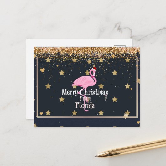 Frohe Weihnachten aus Florida, Santa Flamingo Postkarte (Vorderseite/Rückseite Beispiel)