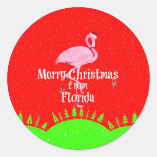 Frohe Weihnachten aus Florida und Santa Flamingo Runder Aufkleber