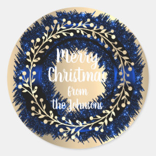 Frohe Weihnachten aus Navy Gold Glitzer Wreath Runder Aufkleber
