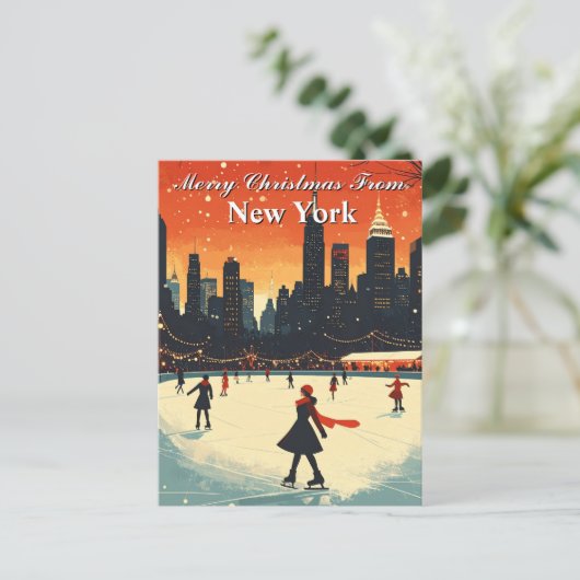 Frohe Weihnachten aus New York Ice Skaten Winter Postkarte (Stehend Vorderseite)