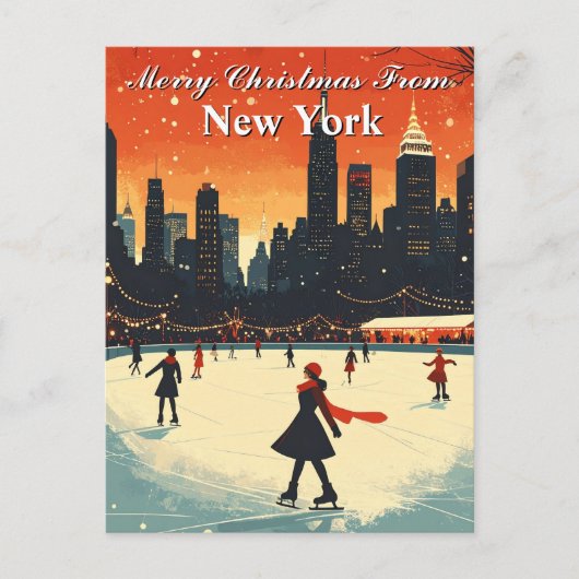 Frohe Weihnachten aus New York Ice Skaten Winter Postkarte (Vorderseite)