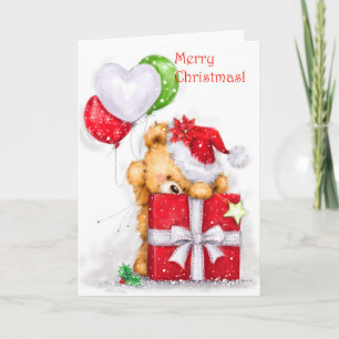 Frohe Weihnachten, Bär mit Gegenwart und Balloons Karte