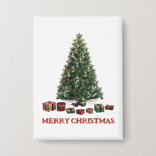 Frohe Weihnachten. Baum (Design 1) mit Geschenken Button (Vorderseite)