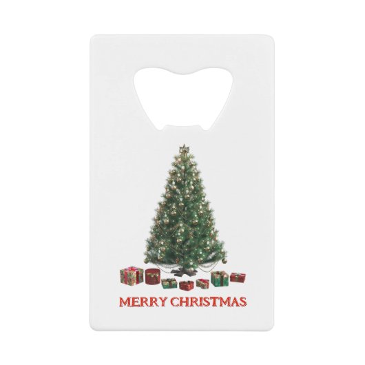 Frohe Weihnachten. Baum (Design 1) mit Geschenken Geldbeutel Flaschenöffner (Vorderseite)
