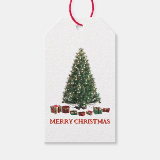 Frohe Weihnachten. Baum (Design 1) mit Geschenken Geschenkanhänger (Vorderseite)