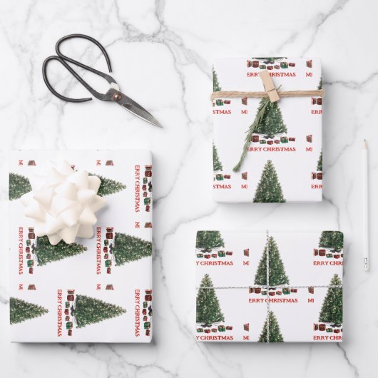 Frohe Weihnachten. Baum (Design 1) mit Geschenken Geschenkpapier Set (Vorderseite)