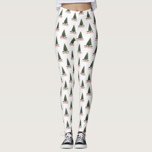 Frohe Weihnachten. Baum (Design 1) mit Geschenken Leggings (Vorderseite)