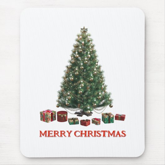 Frohe Weihnachten. Baum (Design 1) mit Geschenken Mousepad (Vorne)
