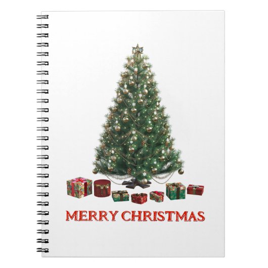 Frohe Weihnachten. Baum (Design 1) mit Geschenken Notizblock (Vorderseite)
