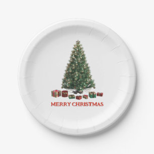 Frohe Weihnachten. Baum (Design 1) mit Geschenken Pappteller