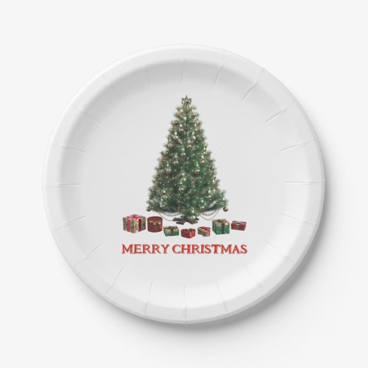 Frohe Weihnachten. Baum (Design 1) mit Geschenken Pappteller (Vorderseite)