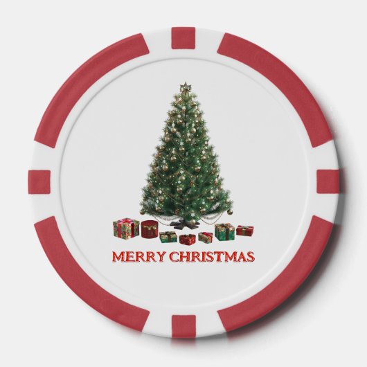 Frohe Weihnachten. Baum (Design 1) mit Geschenken Pokerchips (Vorderseite)