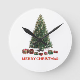 Frohe Weihnachten. Baum (Design 1) mit Geschenken Runde Wanduhr