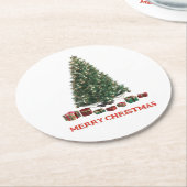 Frohe Weihnachten. Baum (Design 1) mit Geschenken Runder Pappuntersetzer (Angewinkelt)