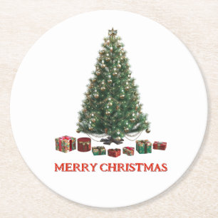 Frohe Weihnachten. Baum (Design 1) mit Geschenken Runder Pappuntersetzer
