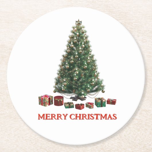 Frohe Weihnachten. Baum (Design 1) mit Geschenken Runder Pappuntersetzer (Vorderseite)