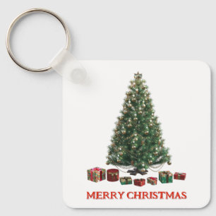 Frohe Weihnachten. Baum (Design 1) mit Geschenken Schlüsselanhänger