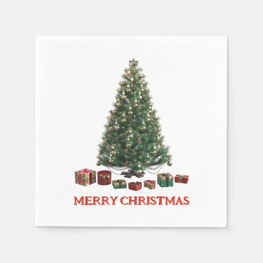 Frohe Weihnachten. Baum (Design 1) mit Geschenken Serviette (Vorderseite)