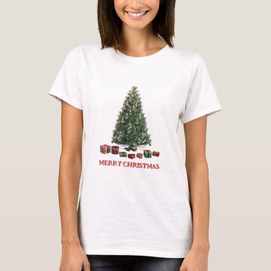 Frohe Weihnachten. Baum (Design 1) mit Geschenken T-Shirt (Vorderseite)