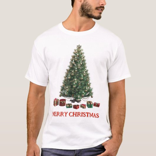 Frohe Weihnachten. Baum (Design 1) mit Geschenken T-Shirt (Vorderseite)