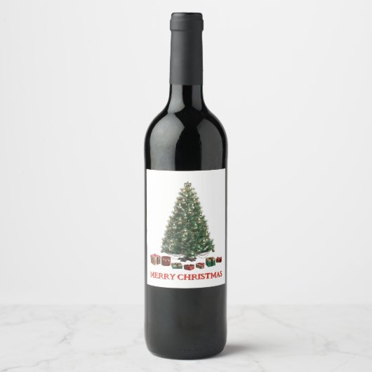 Frohe Weihnachten. Baum (Design 1) mit Geschenken Weinetikett (Vorderseite)