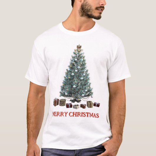 Frohe Weihnachten. Baum (Design 3) mit Geschenken T-Shirt (Vorderseite)