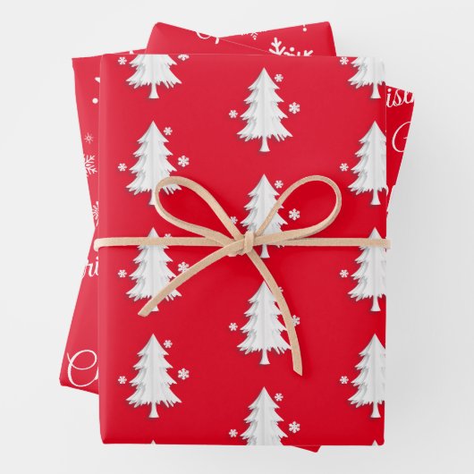 Frohe Weihnachten, Bäume, Schneeflocken Roter Urla Geschenkpapier Set (Beispiel)