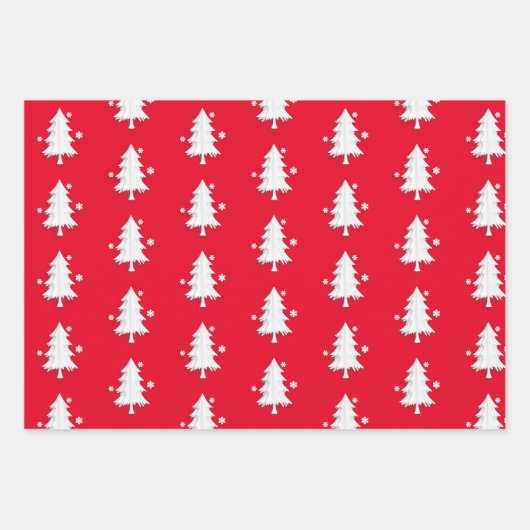 Frohe Weihnachten, Bäume, Schneeflocken Roter Urla Geschenkpapier Set (Vorderseite)