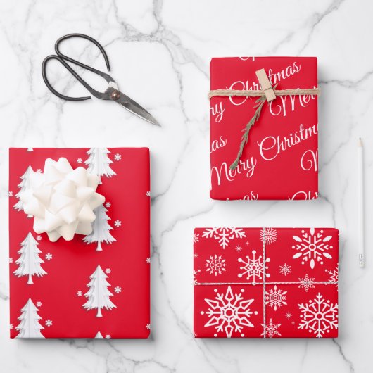 Frohe Weihnachten, Bäume, Schneeflocken Roter Urla Geschenkpapier Set (Vorderseite)